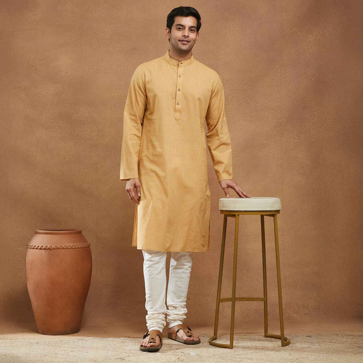 Fabindia Men's Cotton Slim Fit Long Kurta | Mustard - M