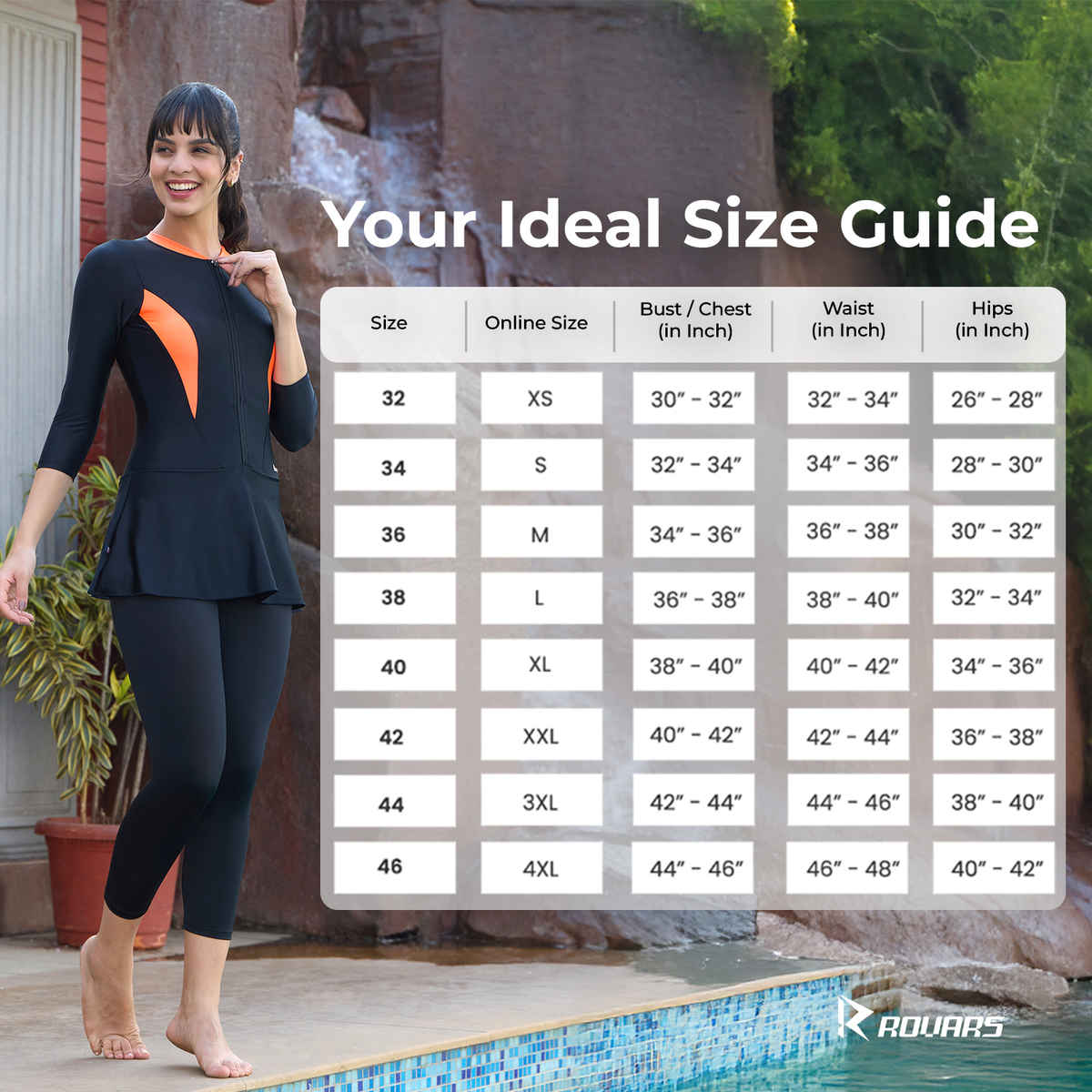 ROVARS Women's Swimming Costume with Removable Chest Pads| Front Zipper | Black & Orange - L