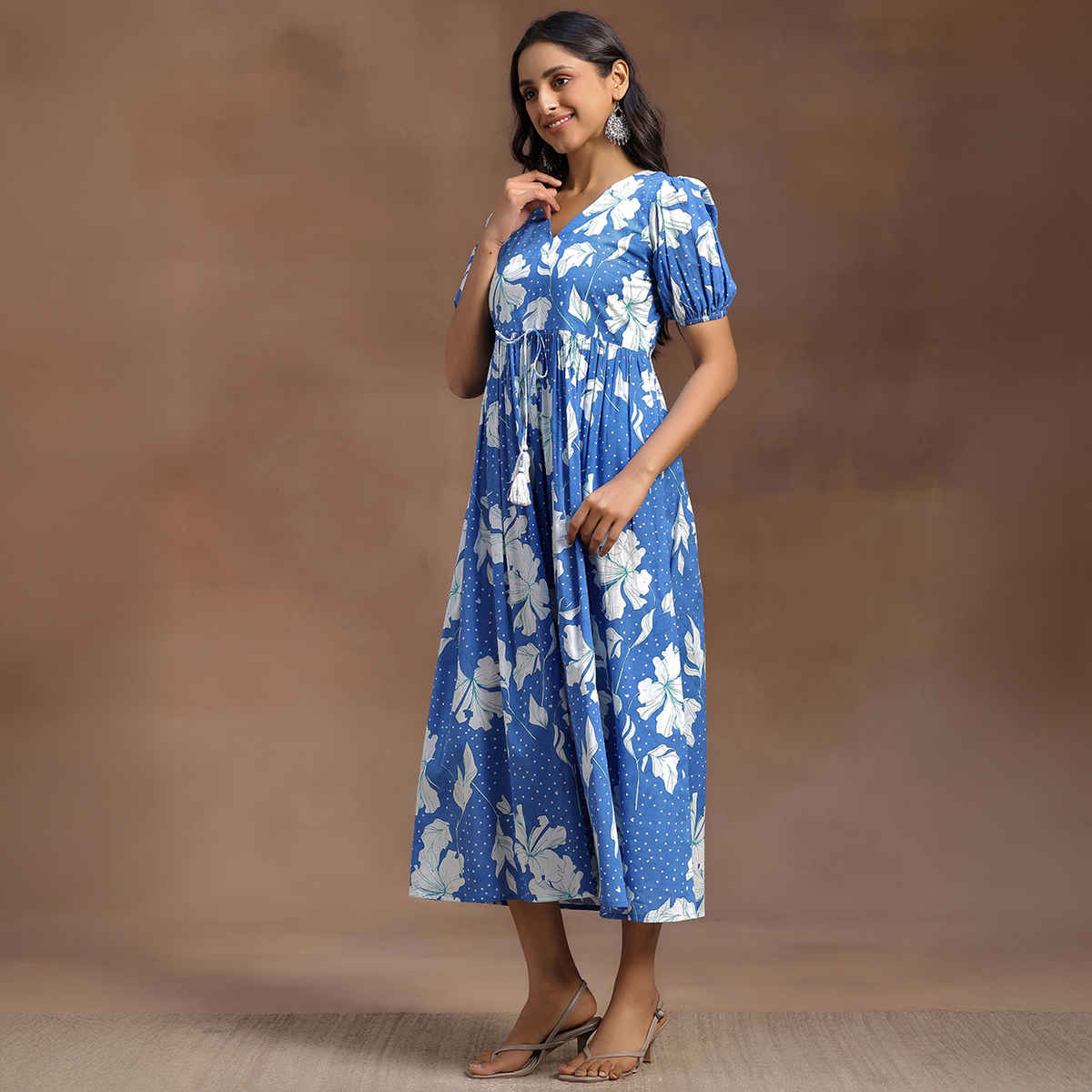 Libas Women's Printed Cotton Fit and Flare Dress | Blue - L