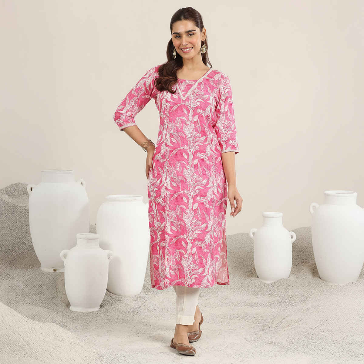 Libas Women's Printed Rayon Straight Kurta | Pink - L