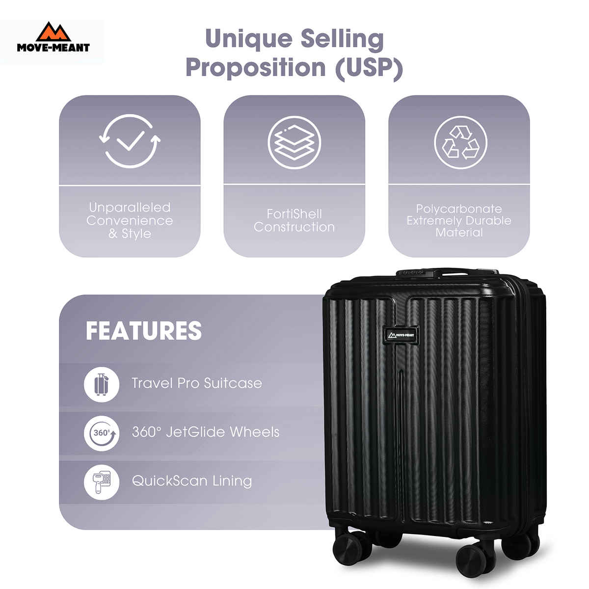 Move-Meant Roamify Large Suitcase | Polycarbonate Trolley | 8 Wheels | Number Lock | Black - 75cm