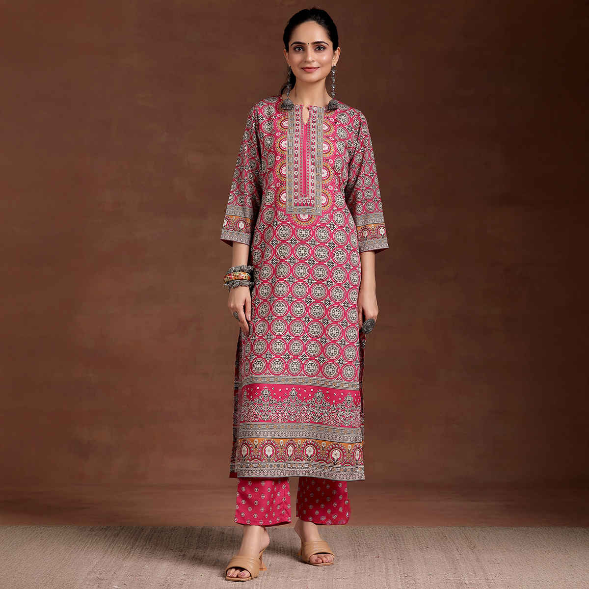 Libas Women's Ethnic Motif Printed Straight Crepe Kurta | 29244O | Pink - S