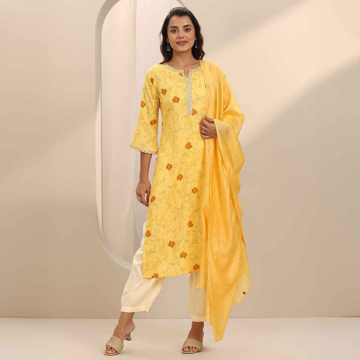 Libas Women's Printed Cotton Blend Straight Suit Set with Dupatta | Yellow - XL