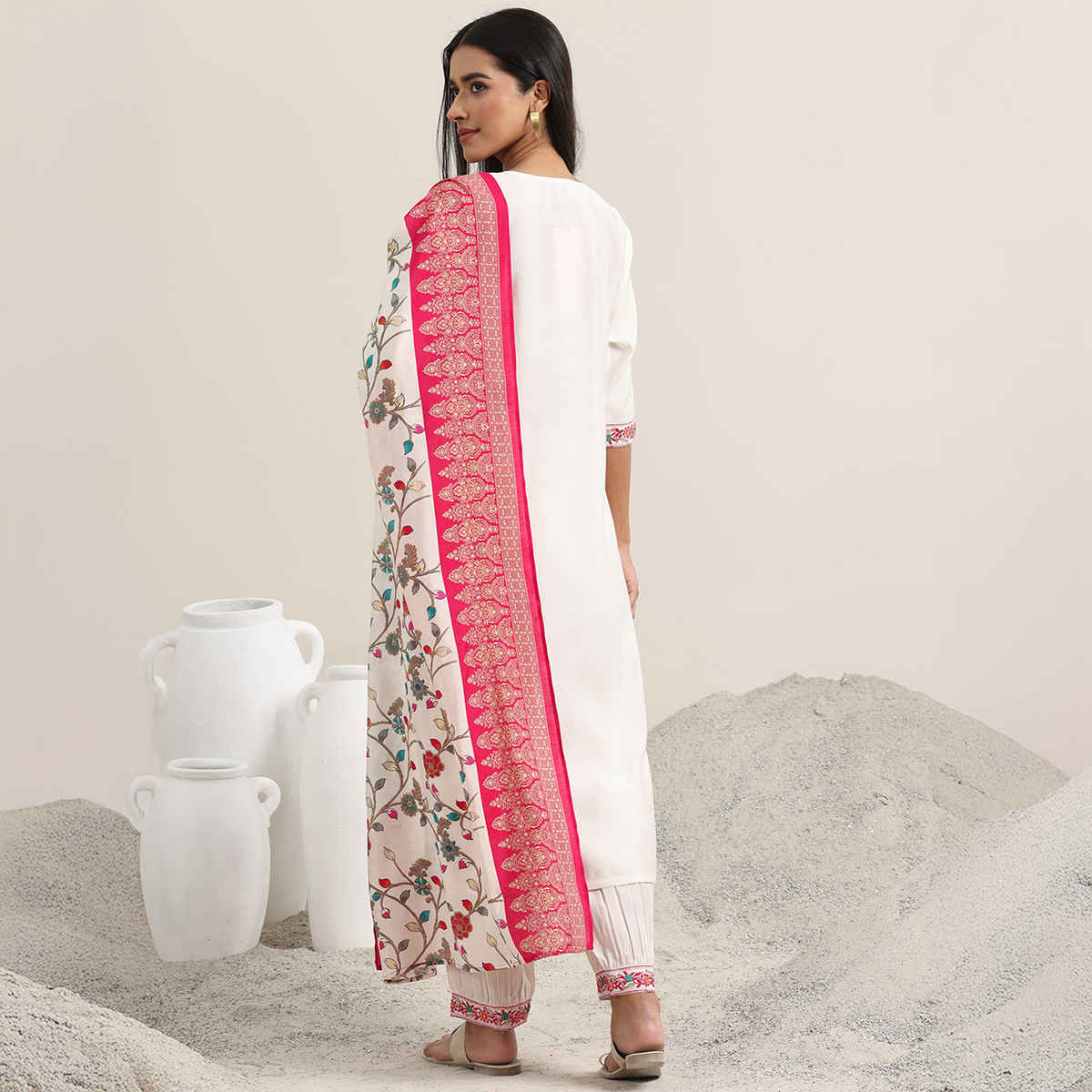 Libas Women's Embroidered Rayon Straight Suit with Dupatta | White - M