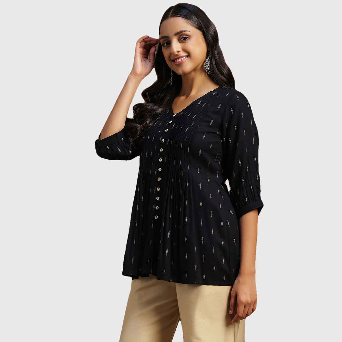 Libas Women's Zari Woven Design A-Line Pleated Kurti with Pintuck Detail | 29133 | Black - XL