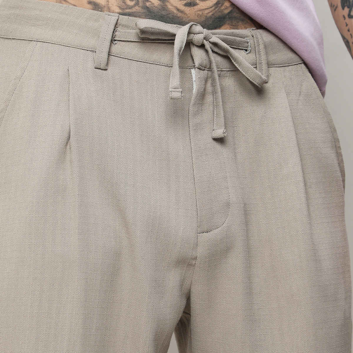 Campus Sutra Men's Tailored Linen-Blend Trousers | Beige - 36