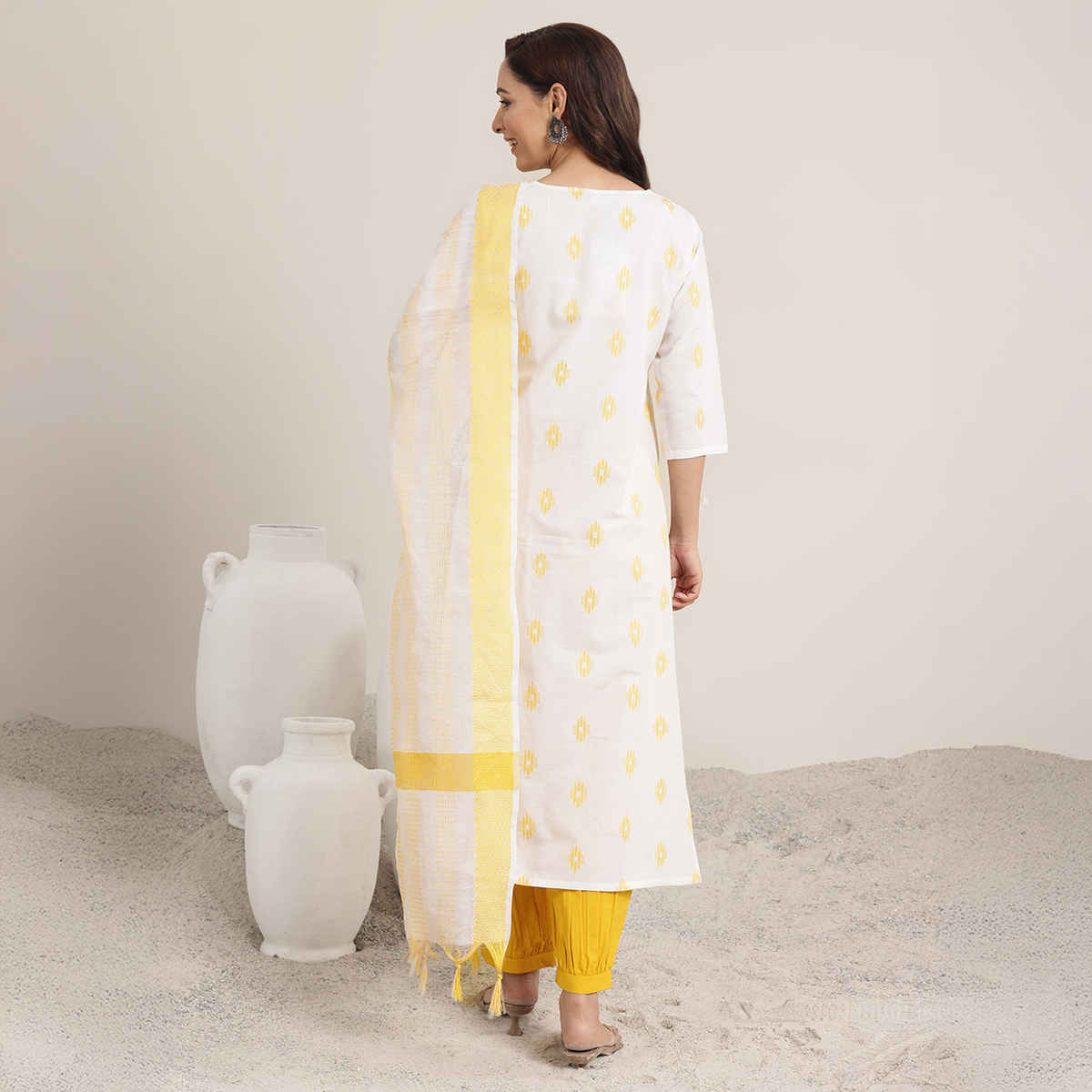 Libas Women's Woven Design Cotton Blend Straight Suit Set with Dupatta | Off white - L