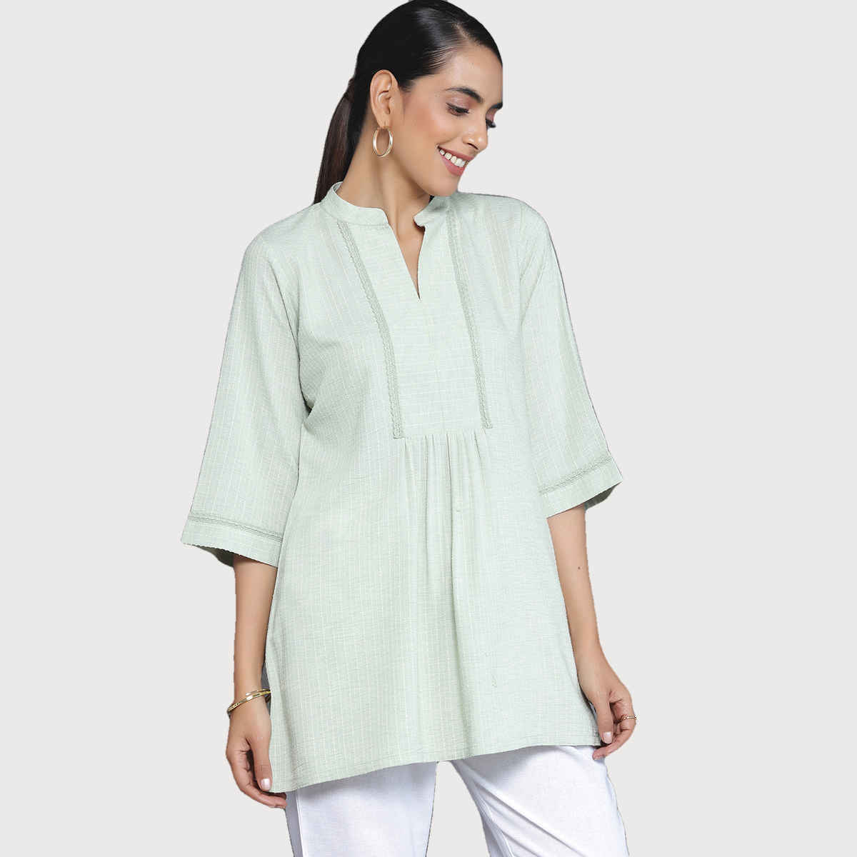 Libas Women's Green Woven Design Cotton Blend Straight Kurti | 26899 - XL