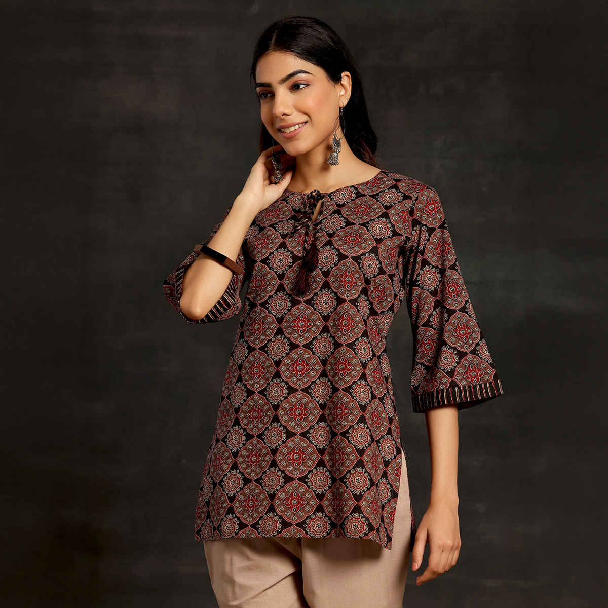 Libas Women's Printed Cotton Straight Kurti | Black - S