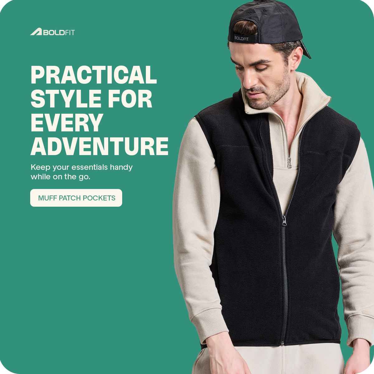 Boldfit Men's Jacket Sleeveless Fleece High Neck Full Zipper Thermal Insulation | Black - L