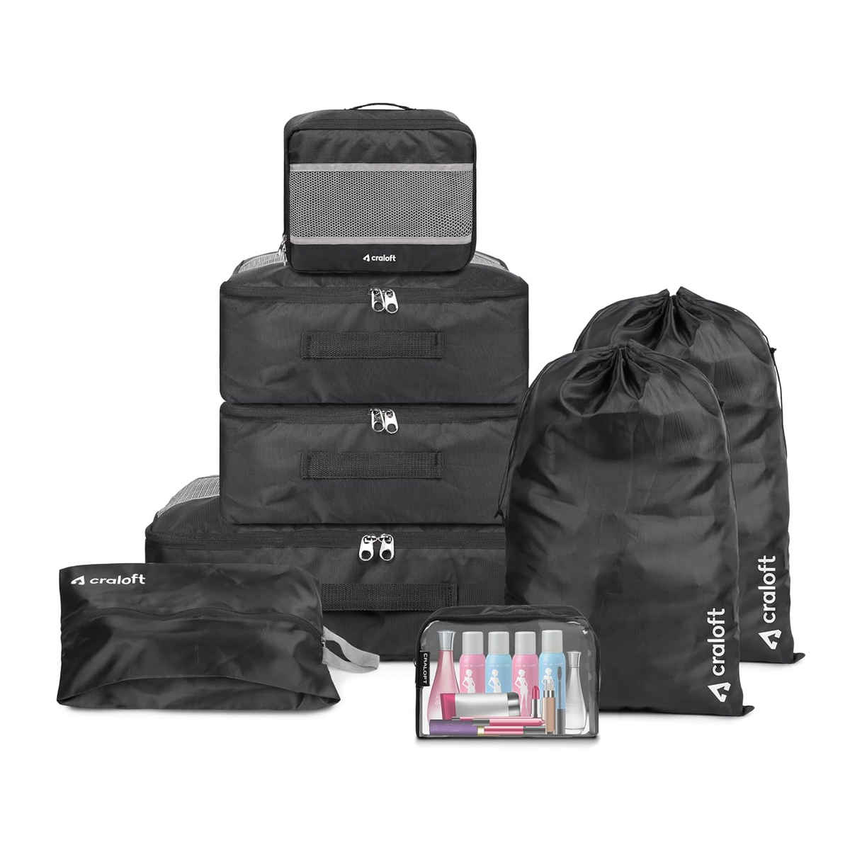 Craloft Polyester 8-Piece Travel Luggage Packing Cubes Organizer Set for Men and Women (Black)