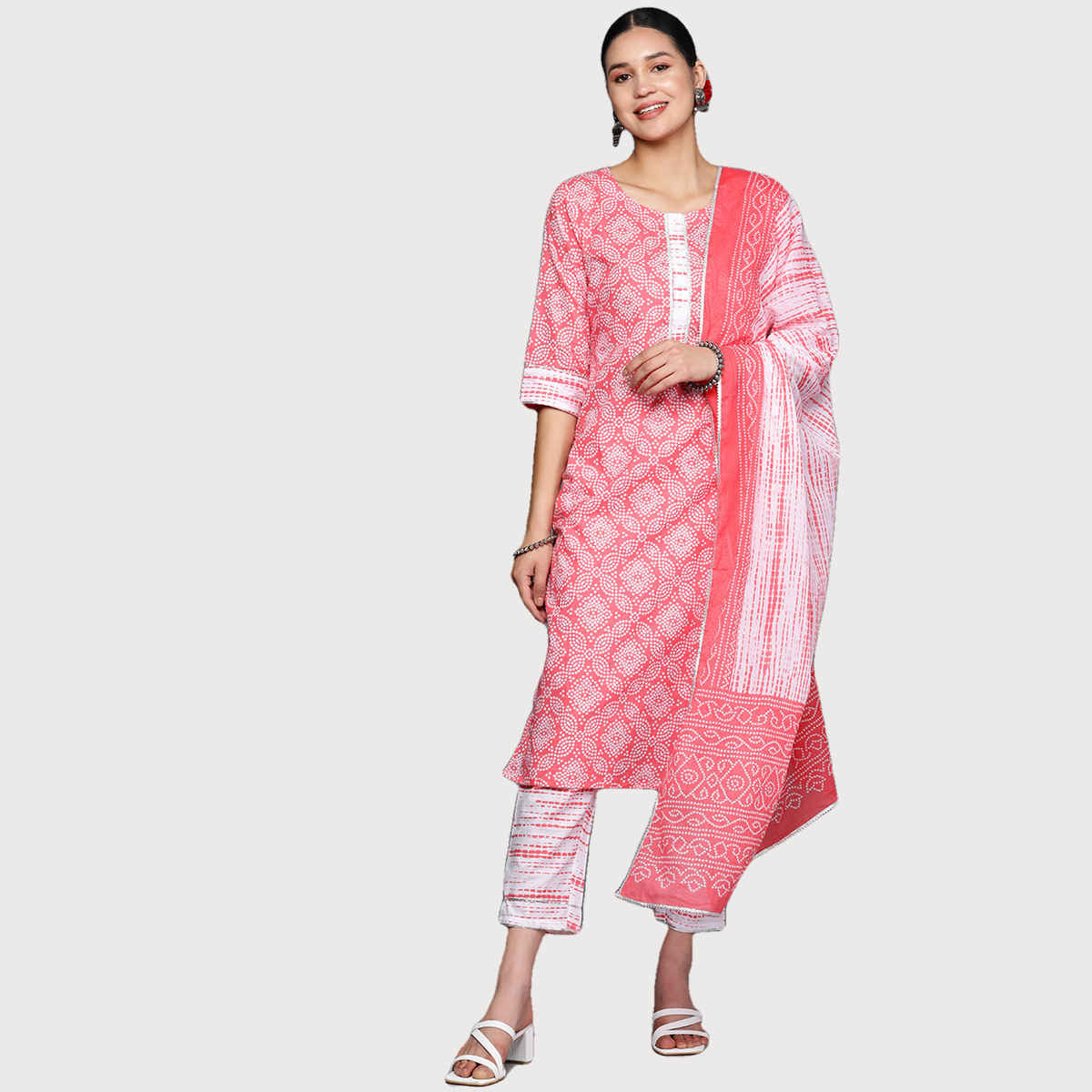 Libas Women's Printed Cotton Straight Kurta with Trousers & Dupatta | Peach - S