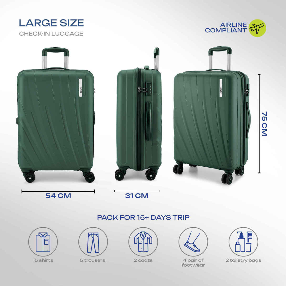 Safari Vamos Large Trolley Bag, 8 Wheels, Hard, Polypropylene | Dusk Green - 75 cm