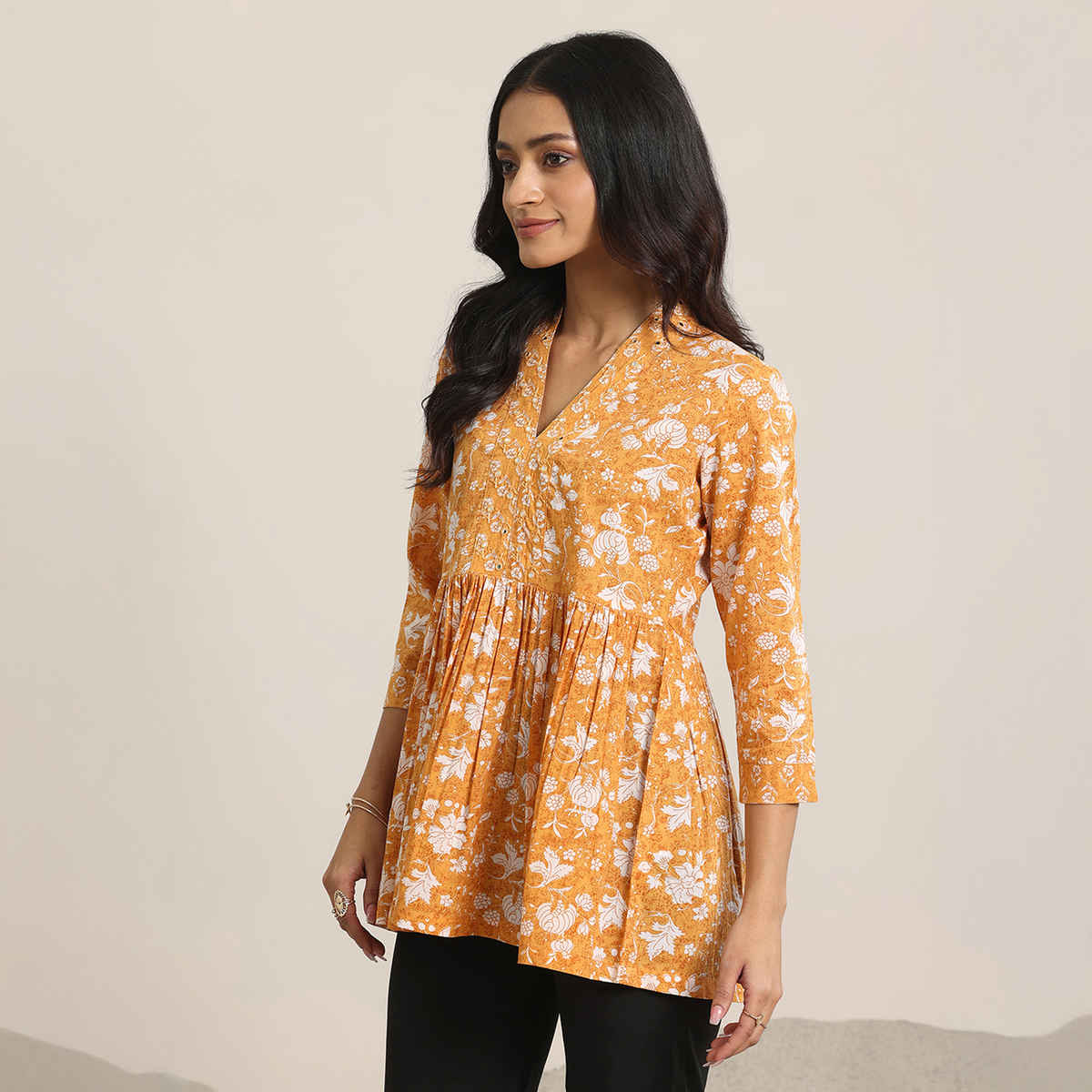 Libas Women's Printed Cotton Anarkali Top | Mustard - L