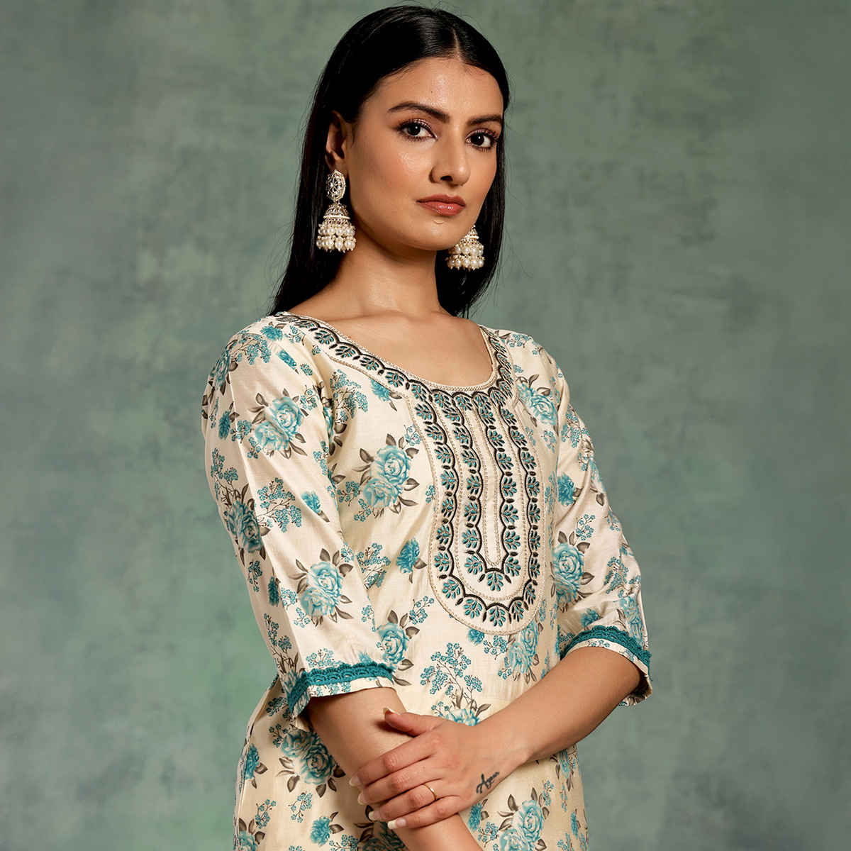 Libas Women's Printed Chanderi Silk Straight Kurta Set | Beige - L