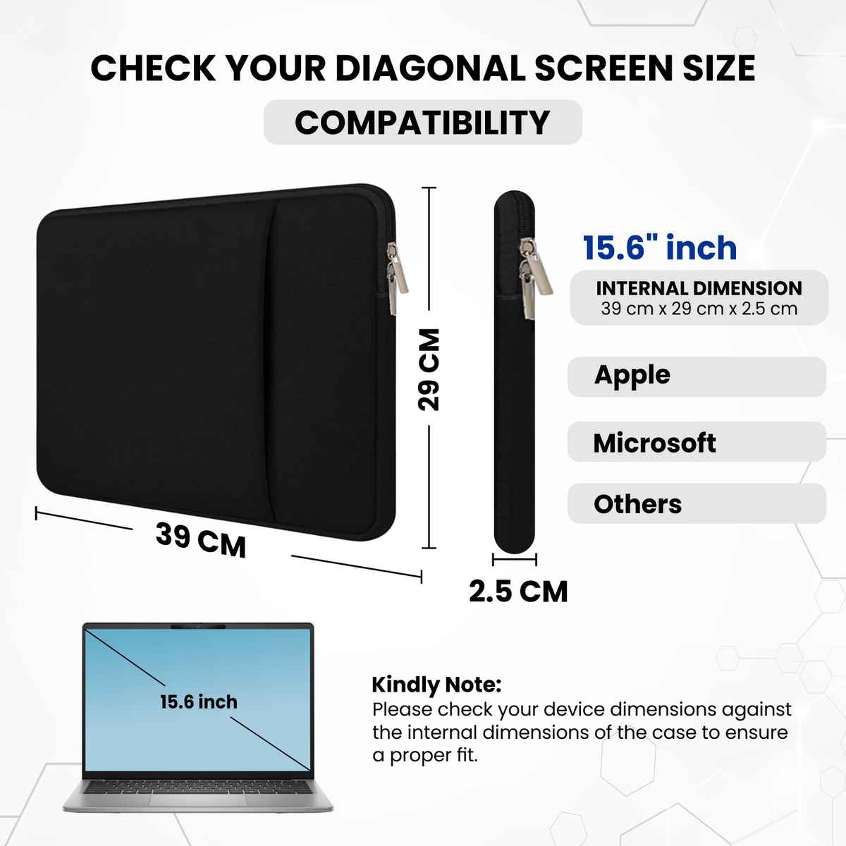 Dyazo Shockproof Neoprene Laptop Sleeve with Pocket | 15.6 Inch | Black