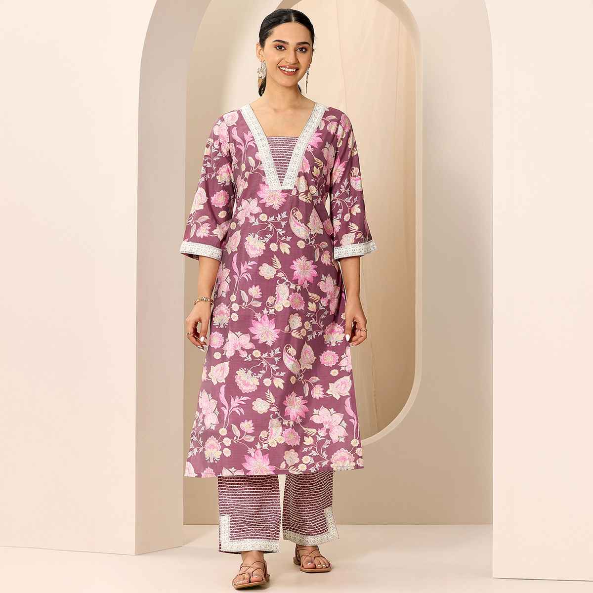 Libas Women's Printed Silk Blend Straight Kurta Set | Mauve - S