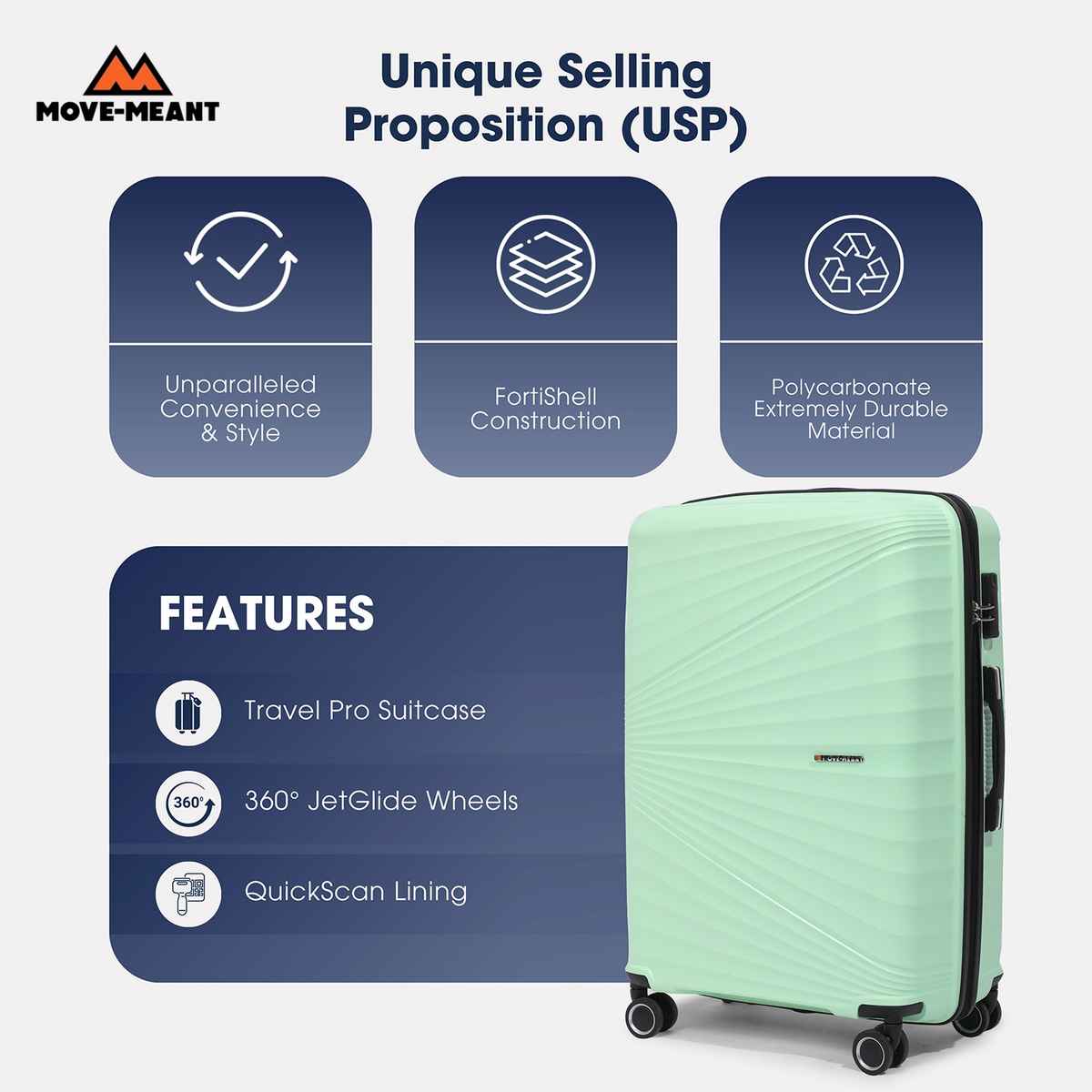 Move-Meant Travel Crew Medium Suitcase Green | Lock | 8 Wheels | Polypropylene Trolley Bag - 66 cm