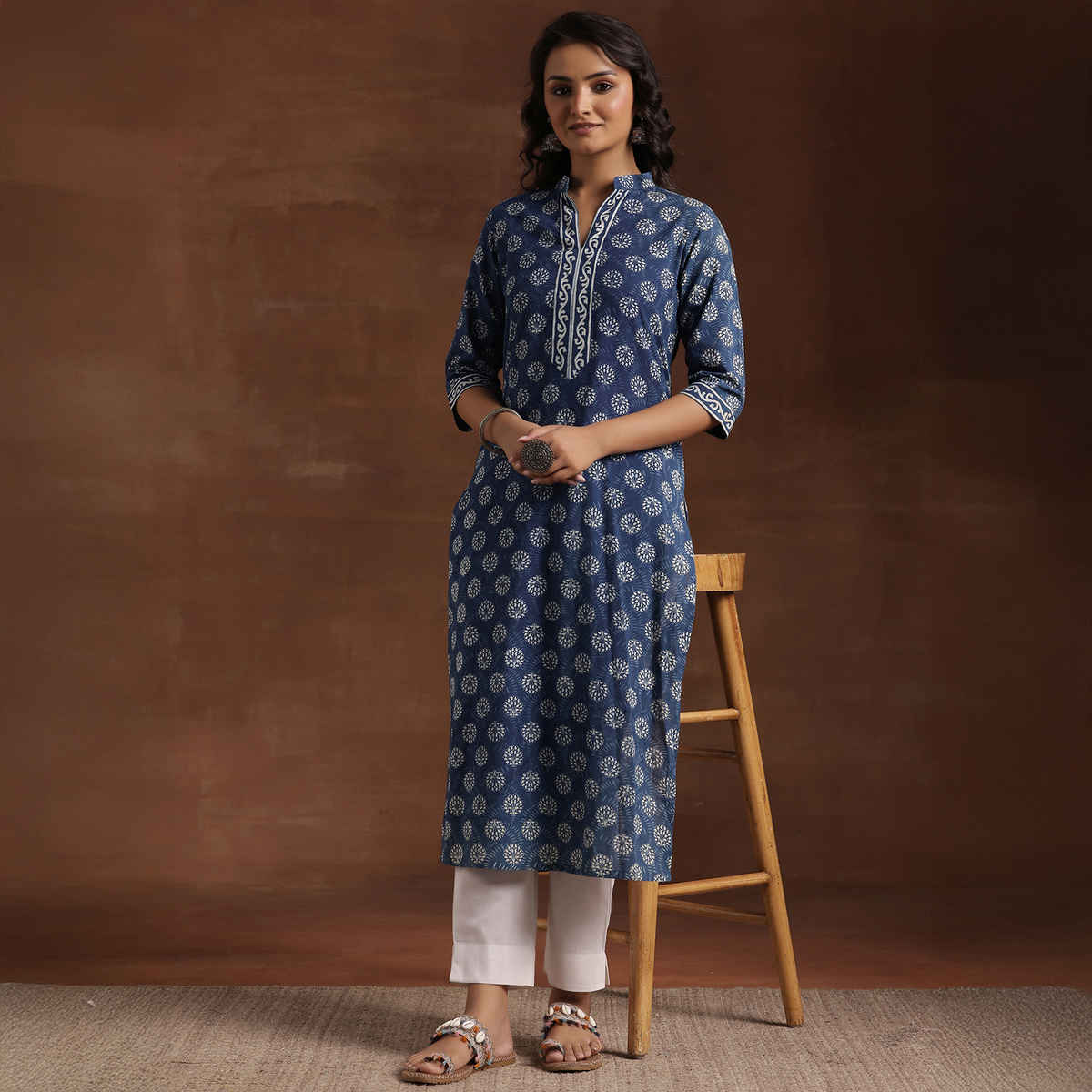 Libas Women's Printed Cotton Straight Kurta | Indigo - XL