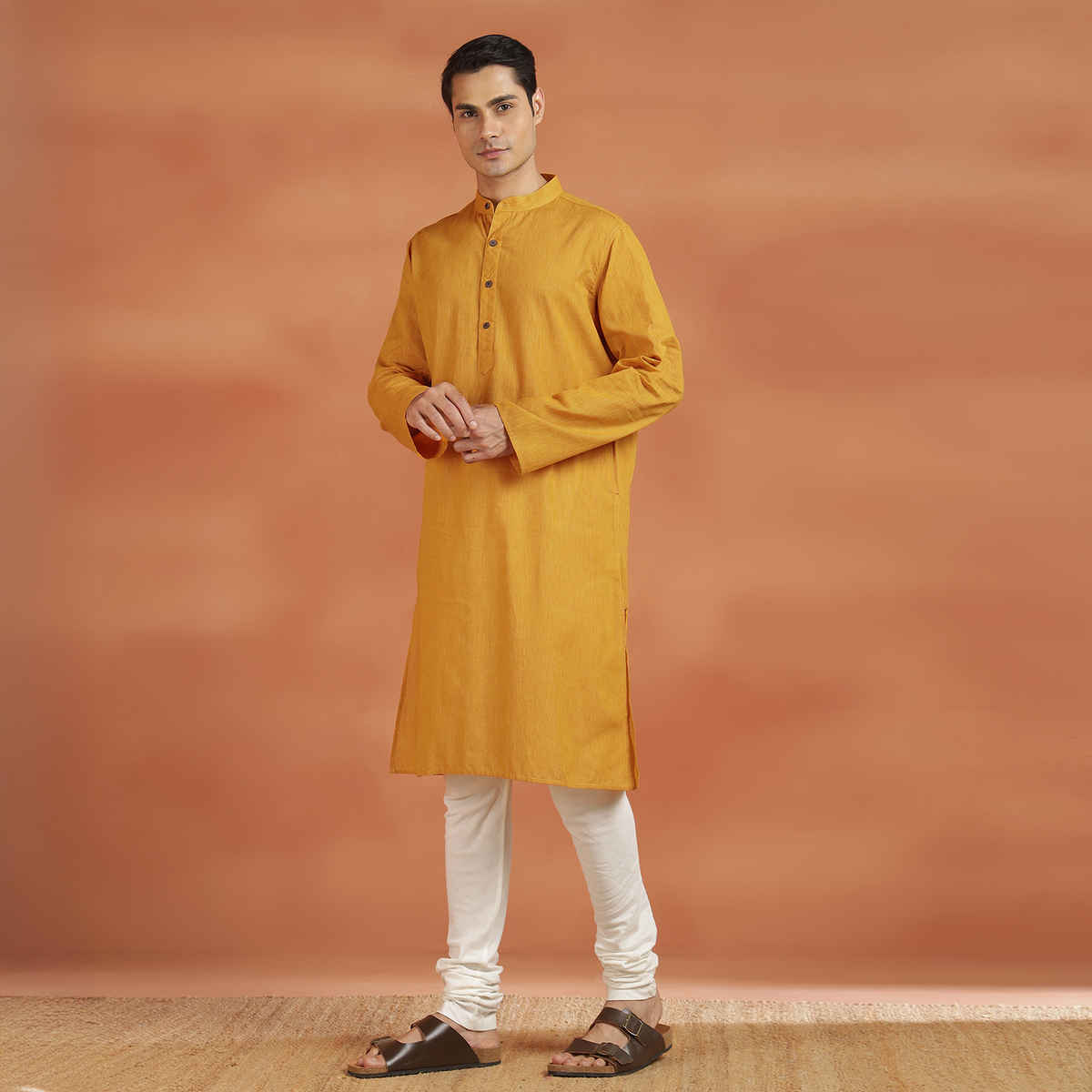 Fabindia Men's Cotton Slim Fit Long Kurta | Yellow - XL