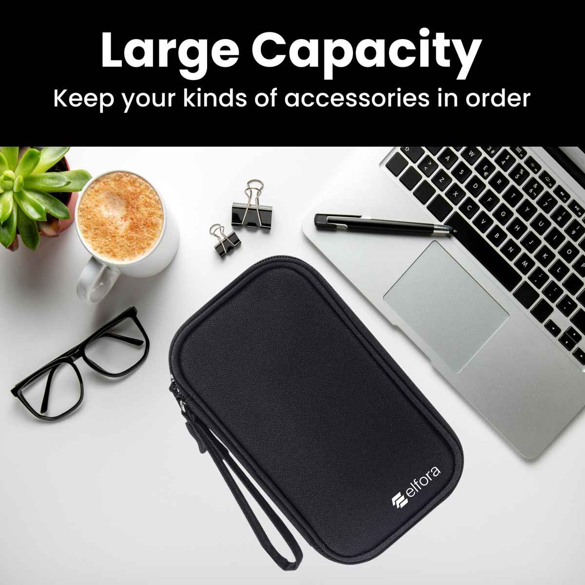 Elfora Big Cable Organizer Bag Double Layer Travel Storage | Black - 27 x 16 cm