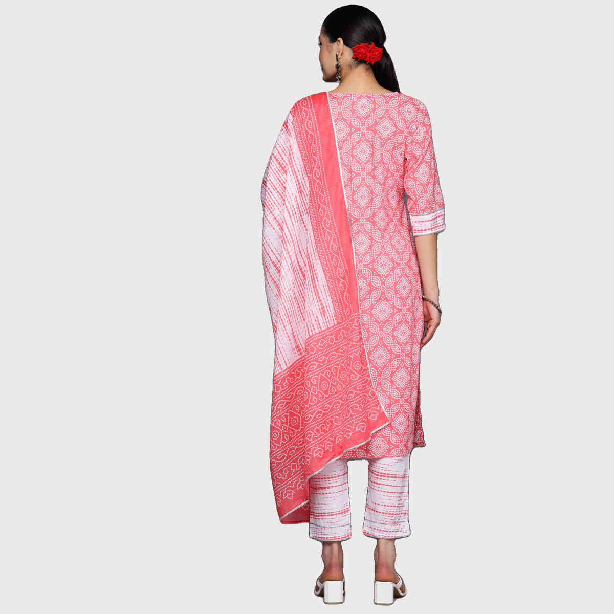 Libas Women's Printed Cotton Straight Kurta with Trousers & Dupatta | Peach - S