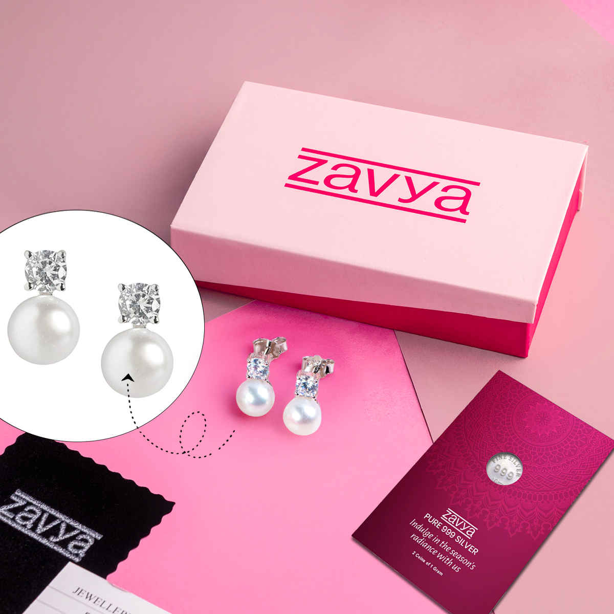 Zavya Radiant Pearl Drop Rhodium Plated Sterling Silver Earrings | Gift Set