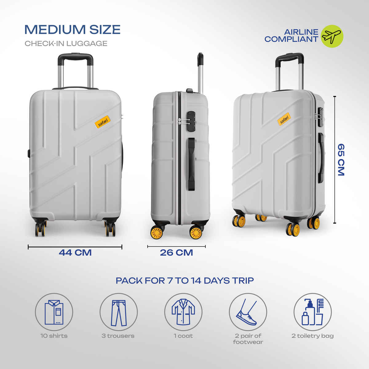 Safari Stratos Medium Trolley Bag | 360 Degree 8 Wheels Hard Polycarbonate | Cloud Grey - 65 cm