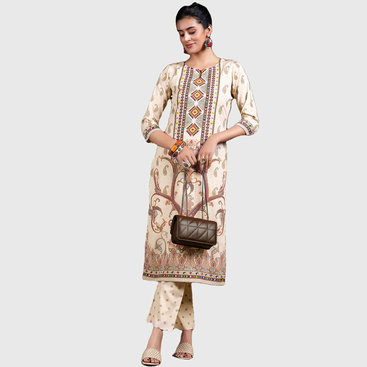 Libas Women's Printed Poly Crepe Straight Kurta Set | Beige - S