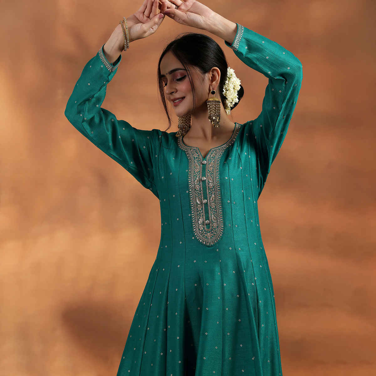 Libas Rama Embroidered Silk Blend Anarkali Suit With Dupatta | 27891H | Green - L