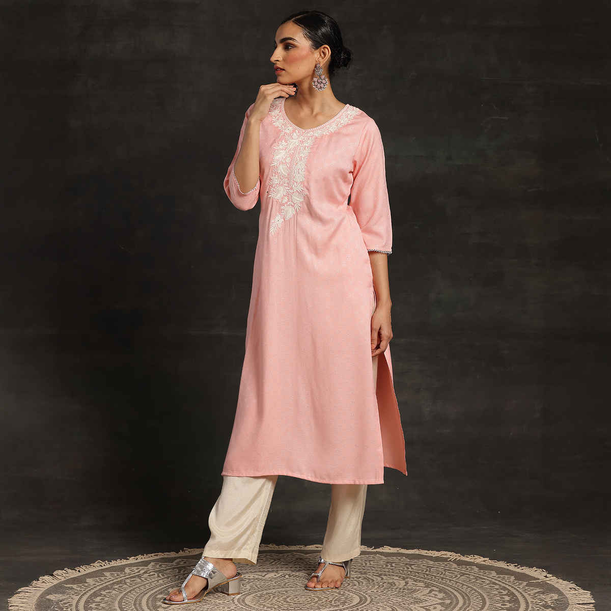 Libas Women's Yoke Design Rayon Straight Kurta | Pink - M