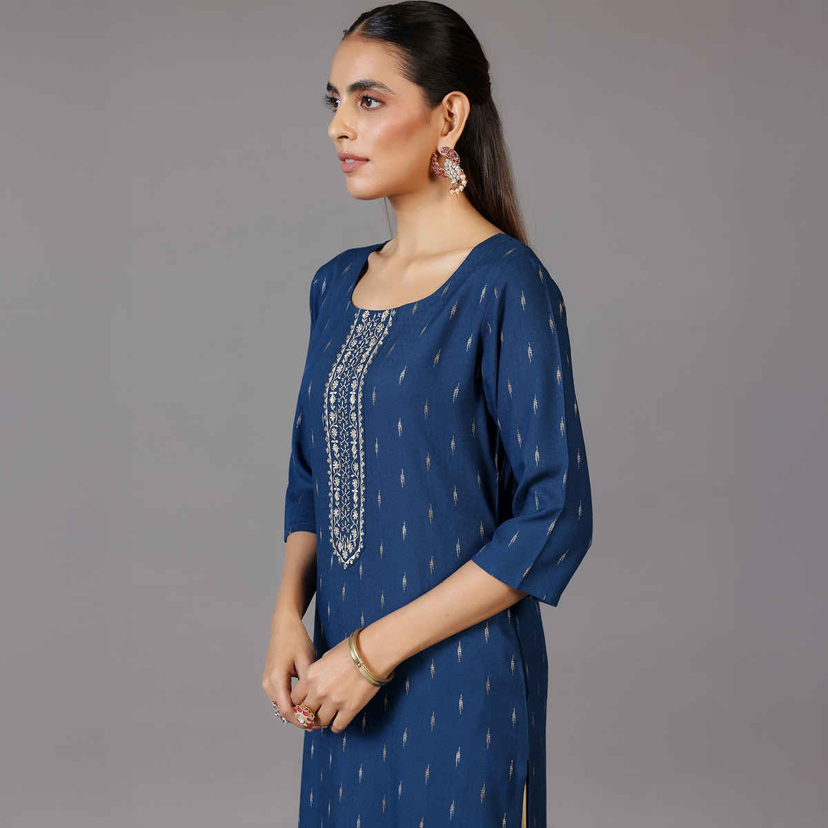 Libas Women's Woven Design Cotton Straight Kurta | Blue - L