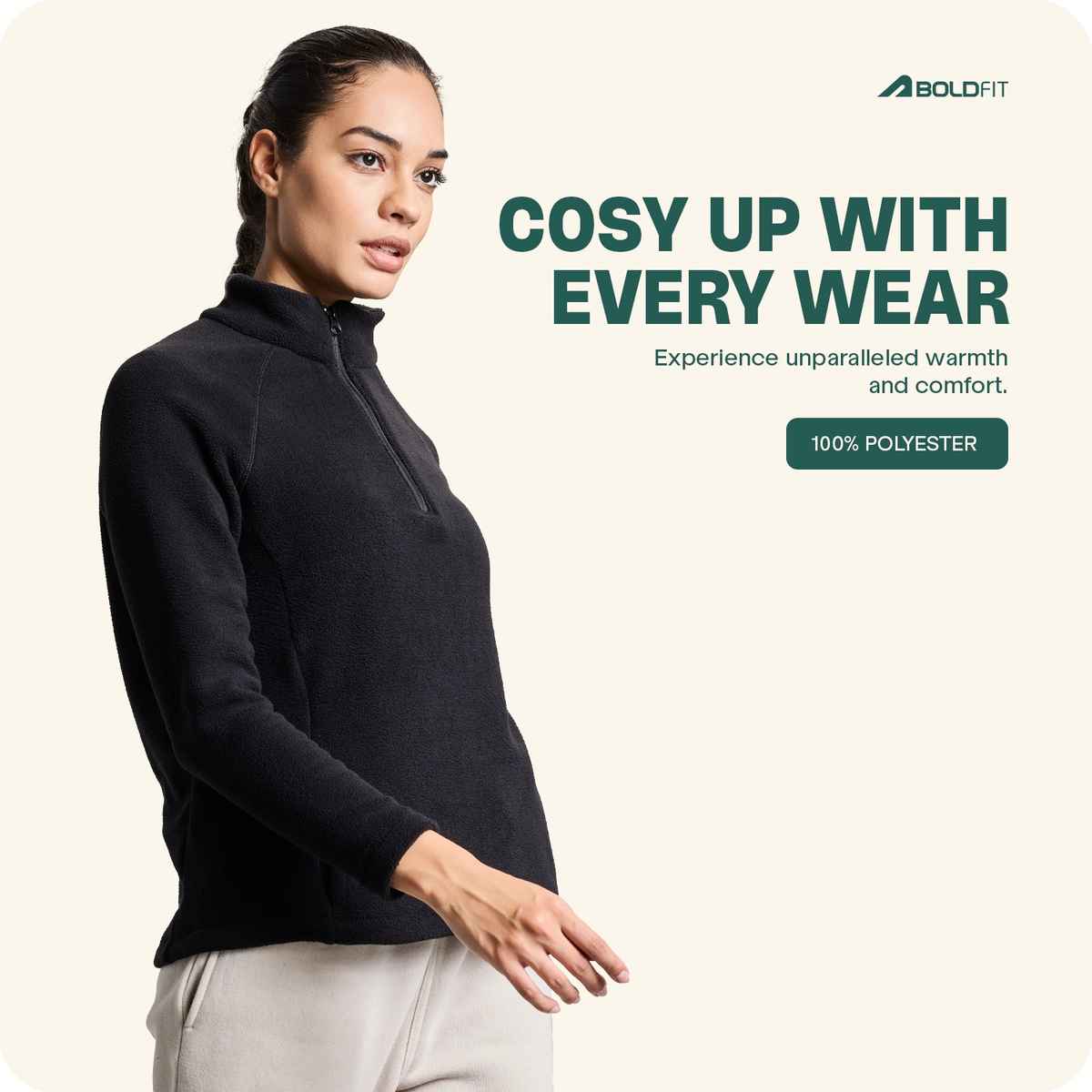Boldfit Women's Sweatshirt Half Zipper Heavy Fleece Thermal Pullover | Aero Black - S