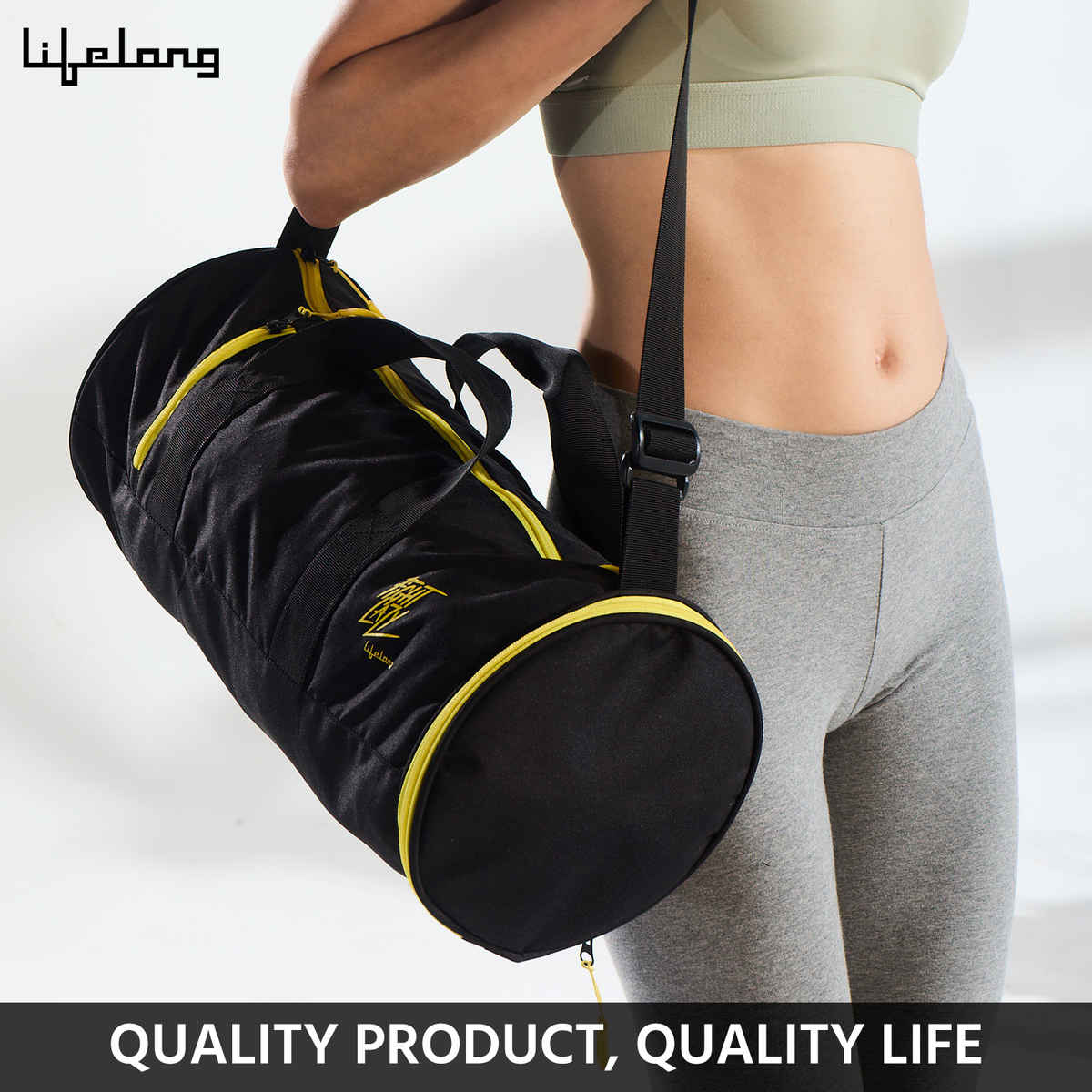 Lifelong Unisex Gym Bag with Adjustable Shoulder Strap | Black & Yellow