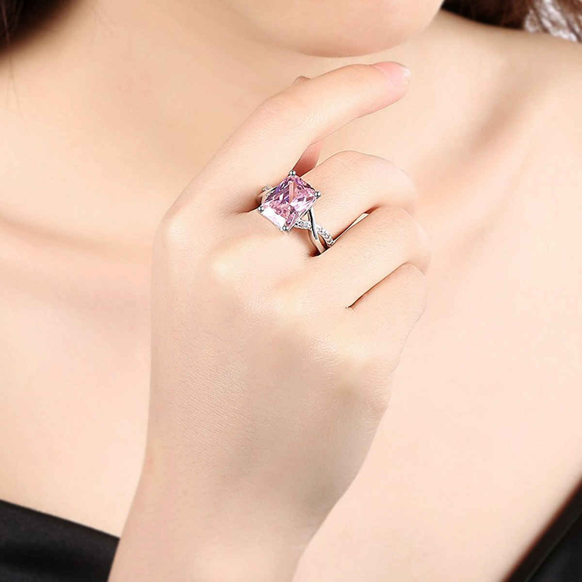 Yellow Chimes Adjustable Pink Crystal Ring for Women, Rhodium Plated