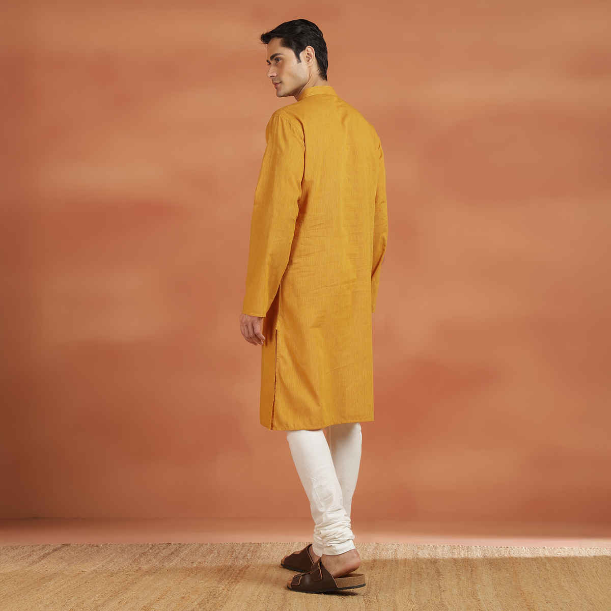 Fabindia Men's Cotton Slim Fit Long Kurta | Yellow - L