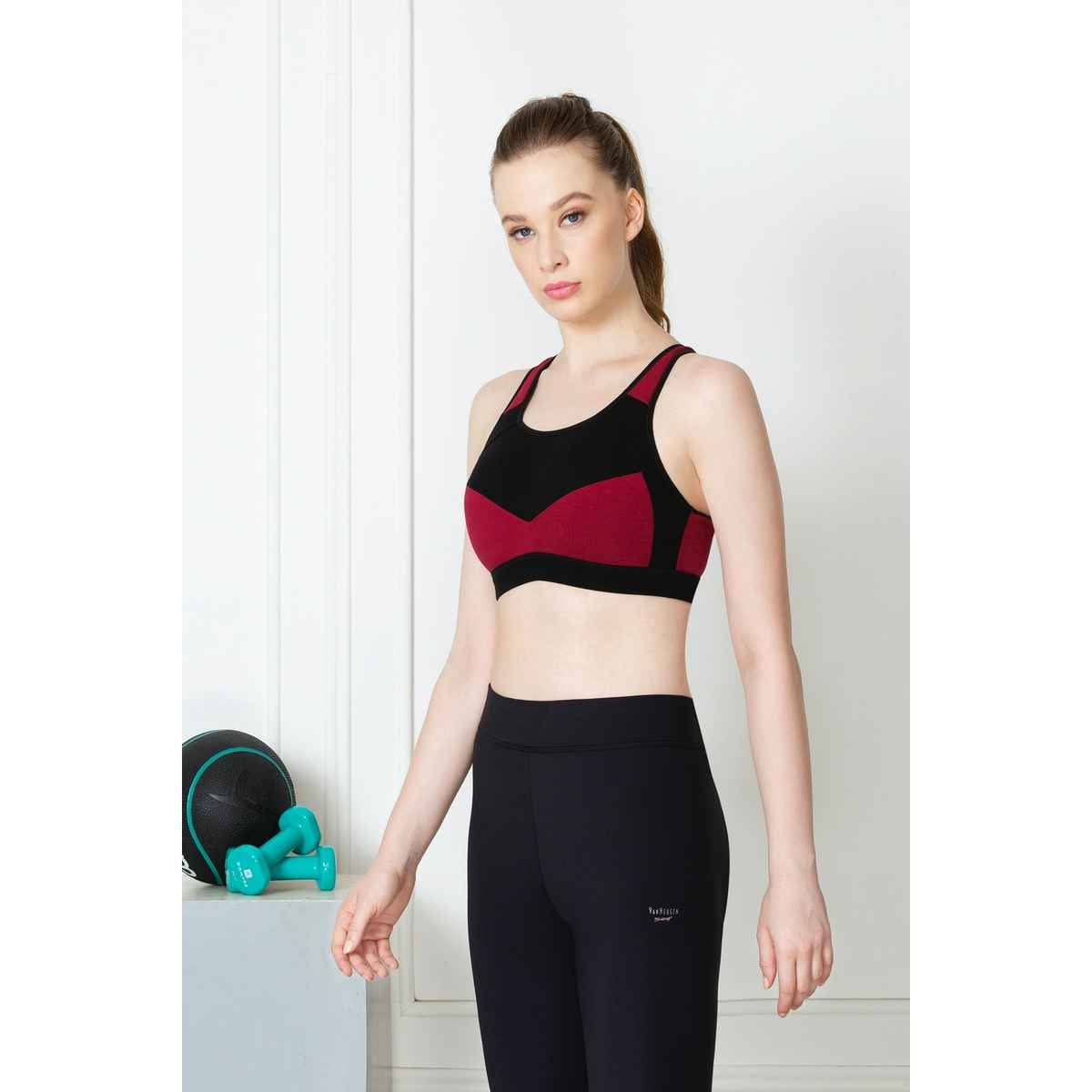 Van Heusen Proactive Women Wine Colour Blocked Anti Bacterial Wireless Racerback Sports Bra |S