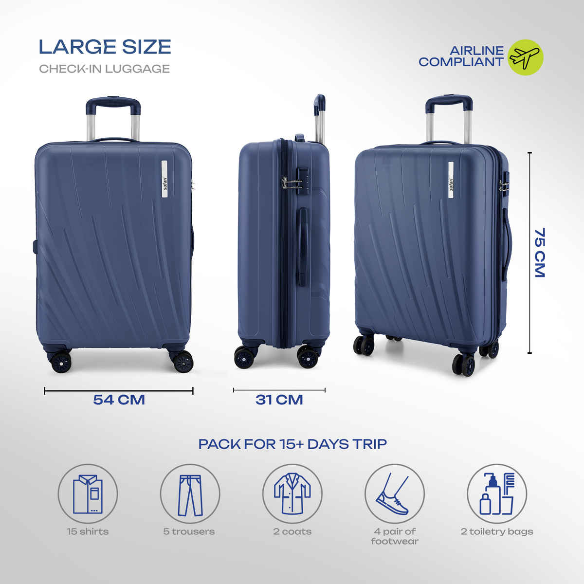 Safari Vamos Large Trolley Bag, 8 Wheels, Hard, Polypropylene | Cyan - 75 cm
