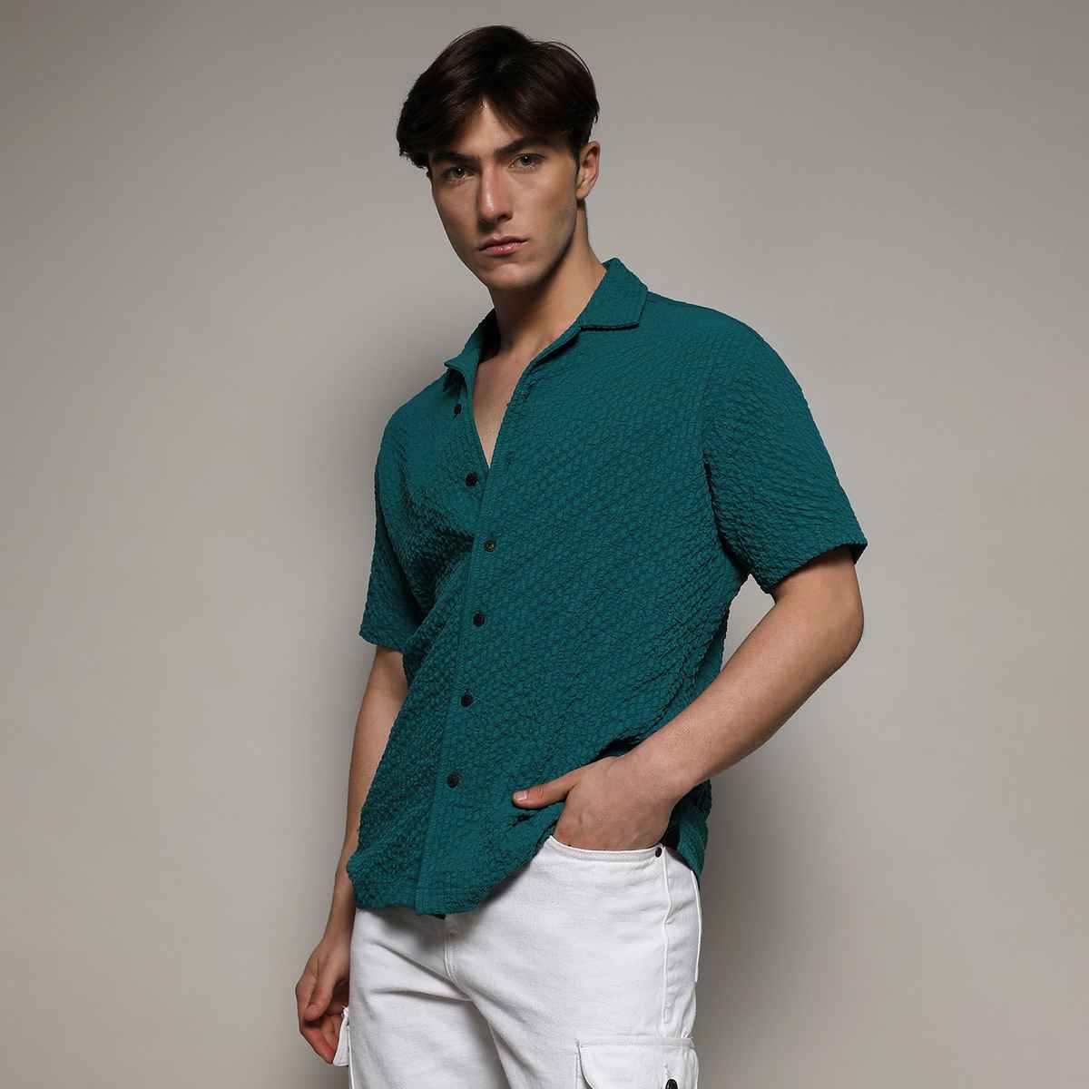 Campus Sutra Men's Creased Striped Shirt | Green - M