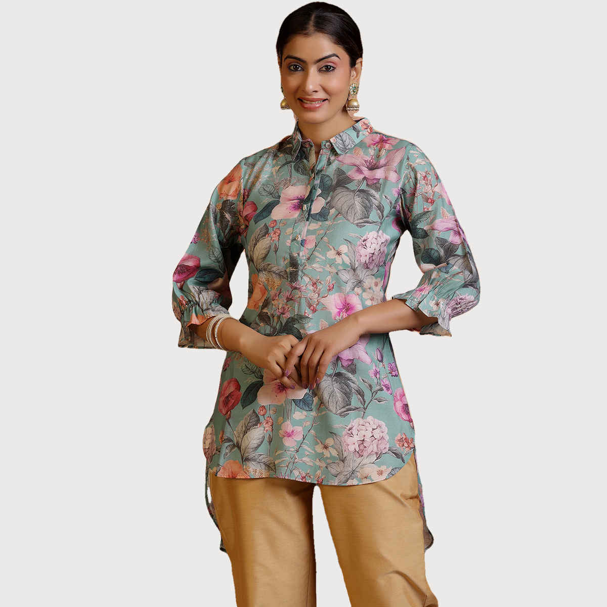 Libas Women's Green Printed Silk Blend Straight Kurti | Sea Green - M