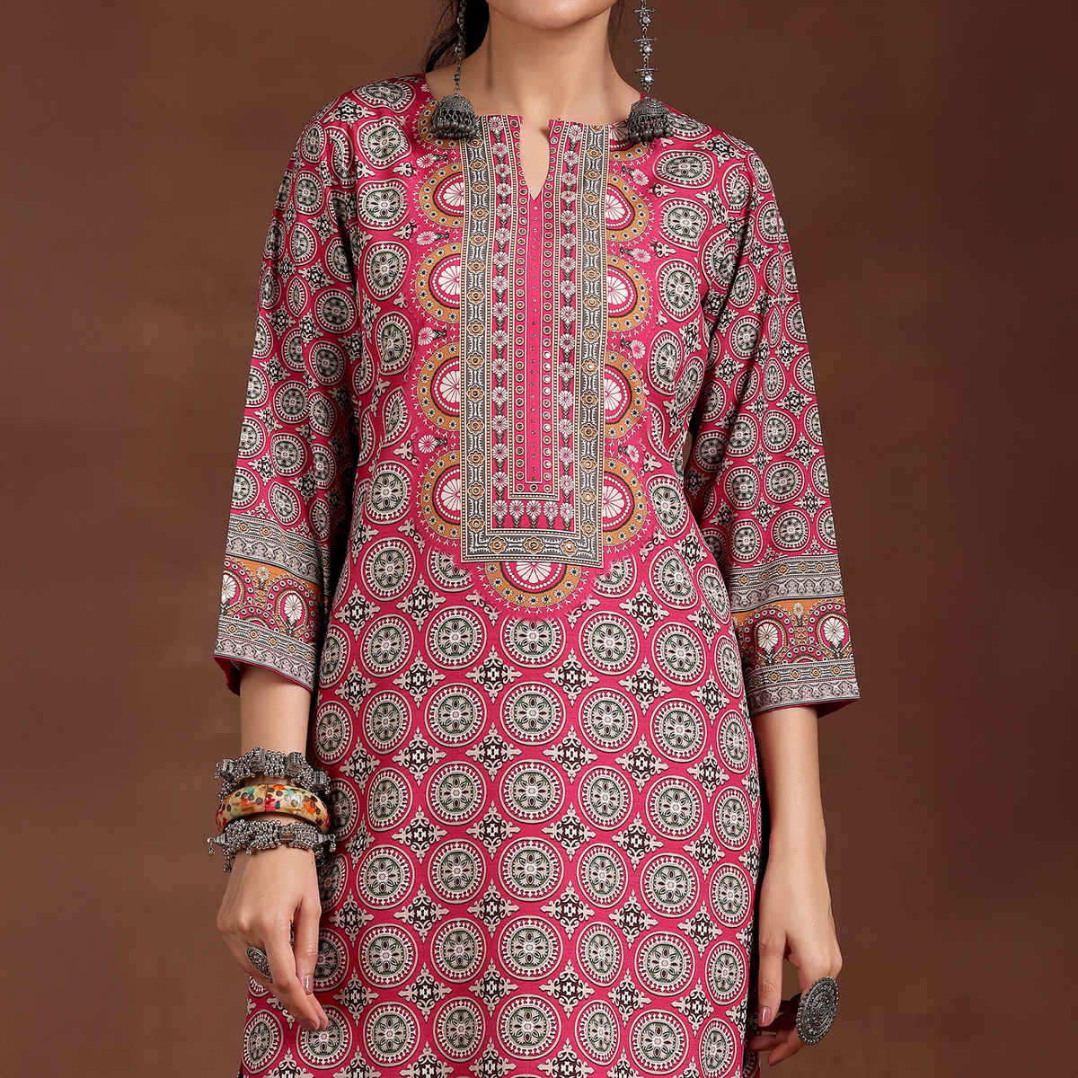 Libas Women's Ethnic Motif Printed Straight Crepe Kurta | 29244O | Pink - S