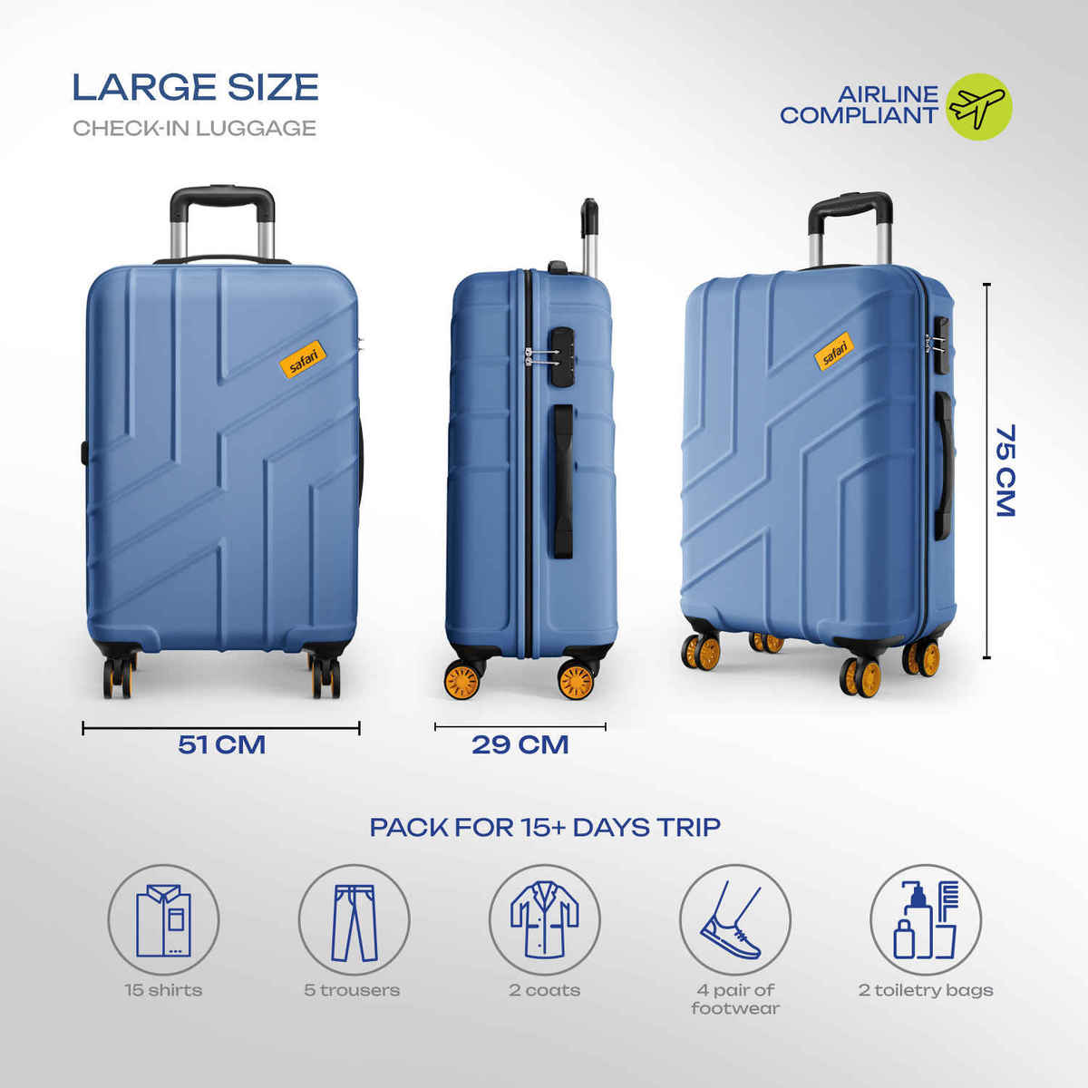 Safari Stratos Large Trolley Bag | 360 Degree 8 Wheels Hard Polycarbonate | Steel Blue - 75 cm