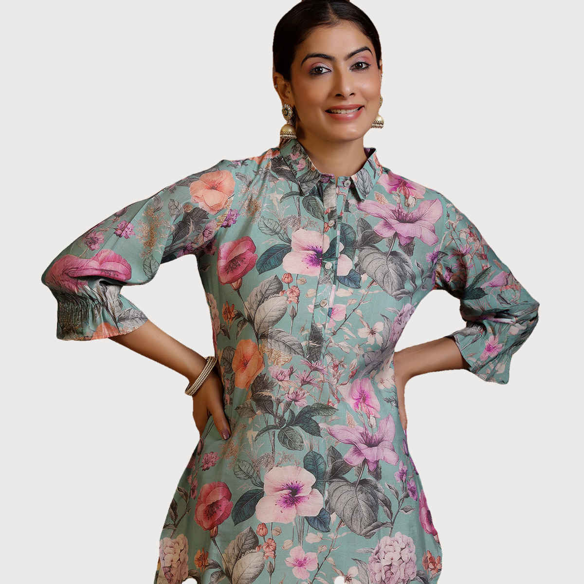 Libas Women's Green Printed Silk Blend Straight Kurti | Sea Green - M