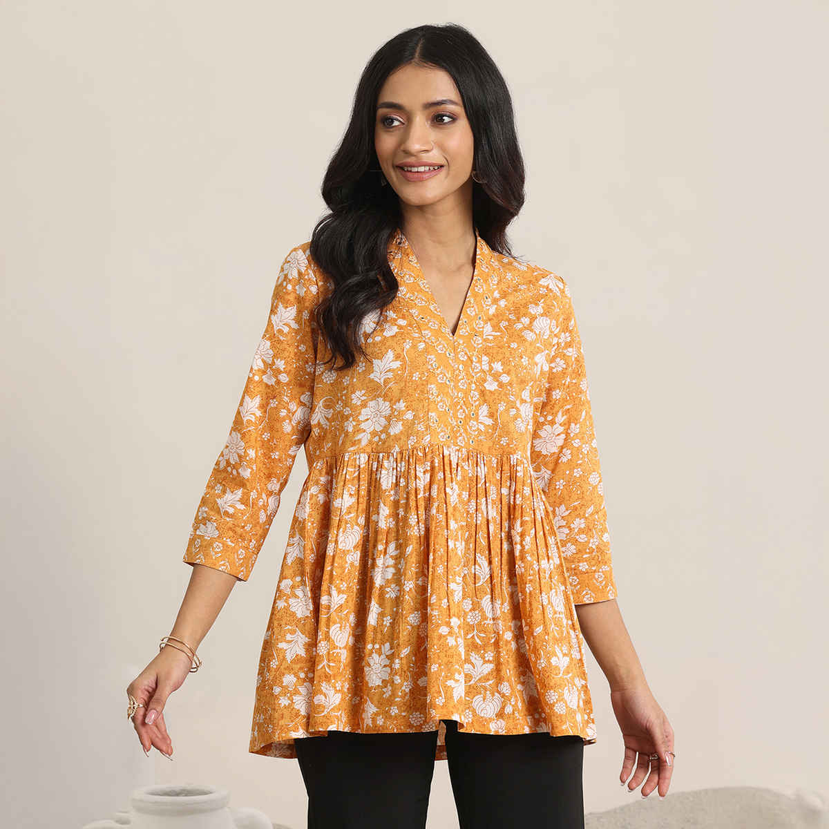 Libas Women's Printed Cotton Anarkali Top | Mustard - L