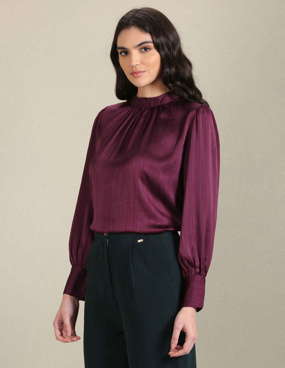 U.S. Polo Assn. Women's Christmas Tartan Check Spread Collar Top | Purple - S