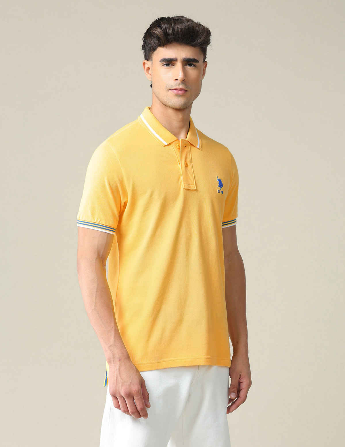 USPA Striped Collar Pique Cotton Polo T Shirt For Men - Mustard - L