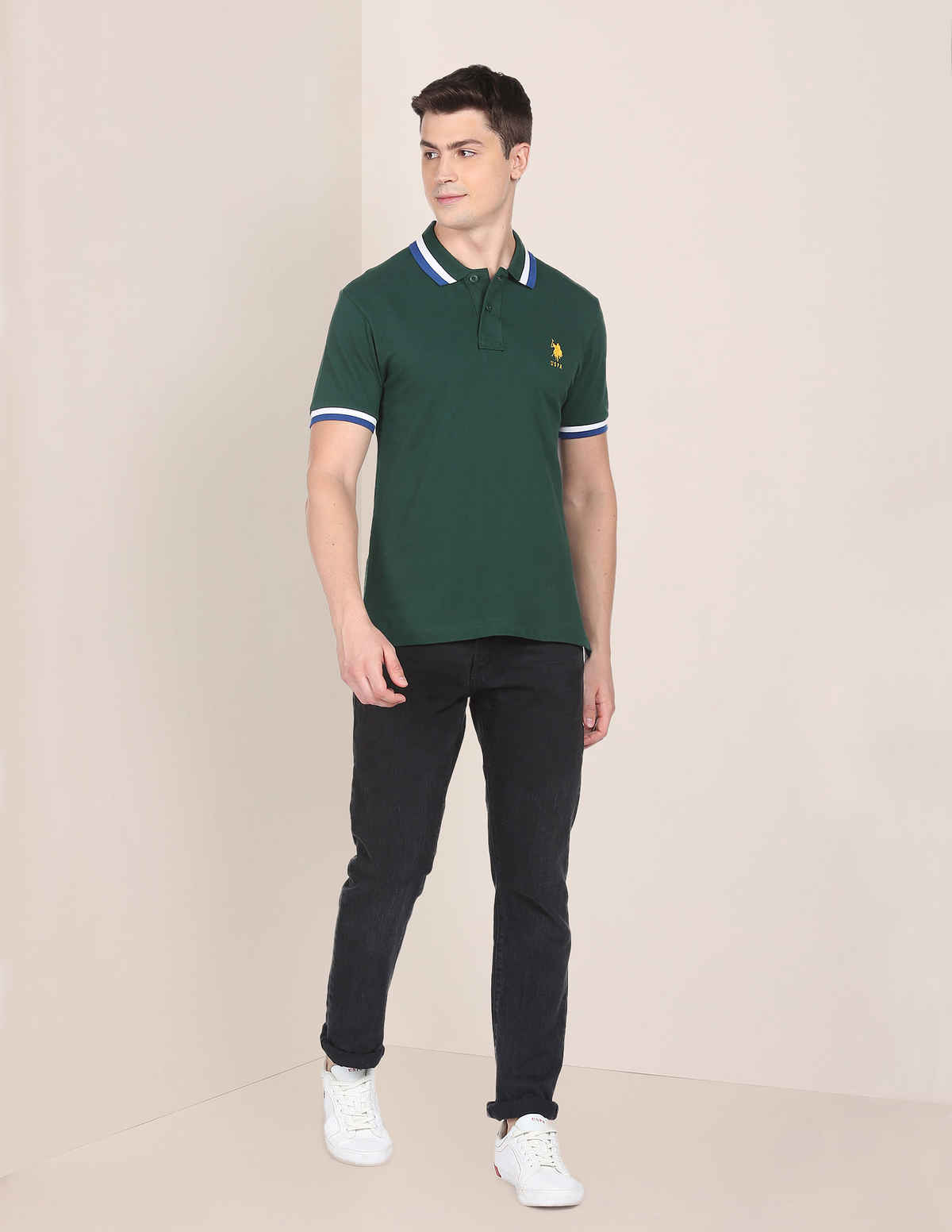 USPA Heritage Tipped Cotton Polo T Shirt For Men - Dark Green - XL