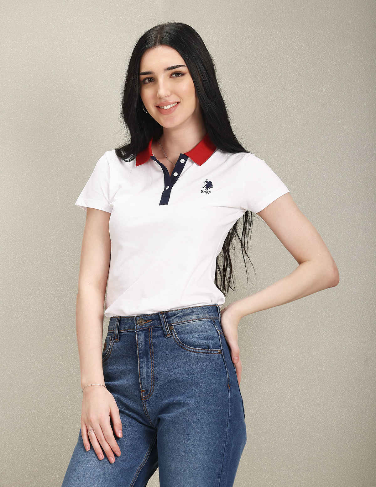 U.S. Polo Assn. Women's Contrast Collar Solid Polo Shirt | White - S