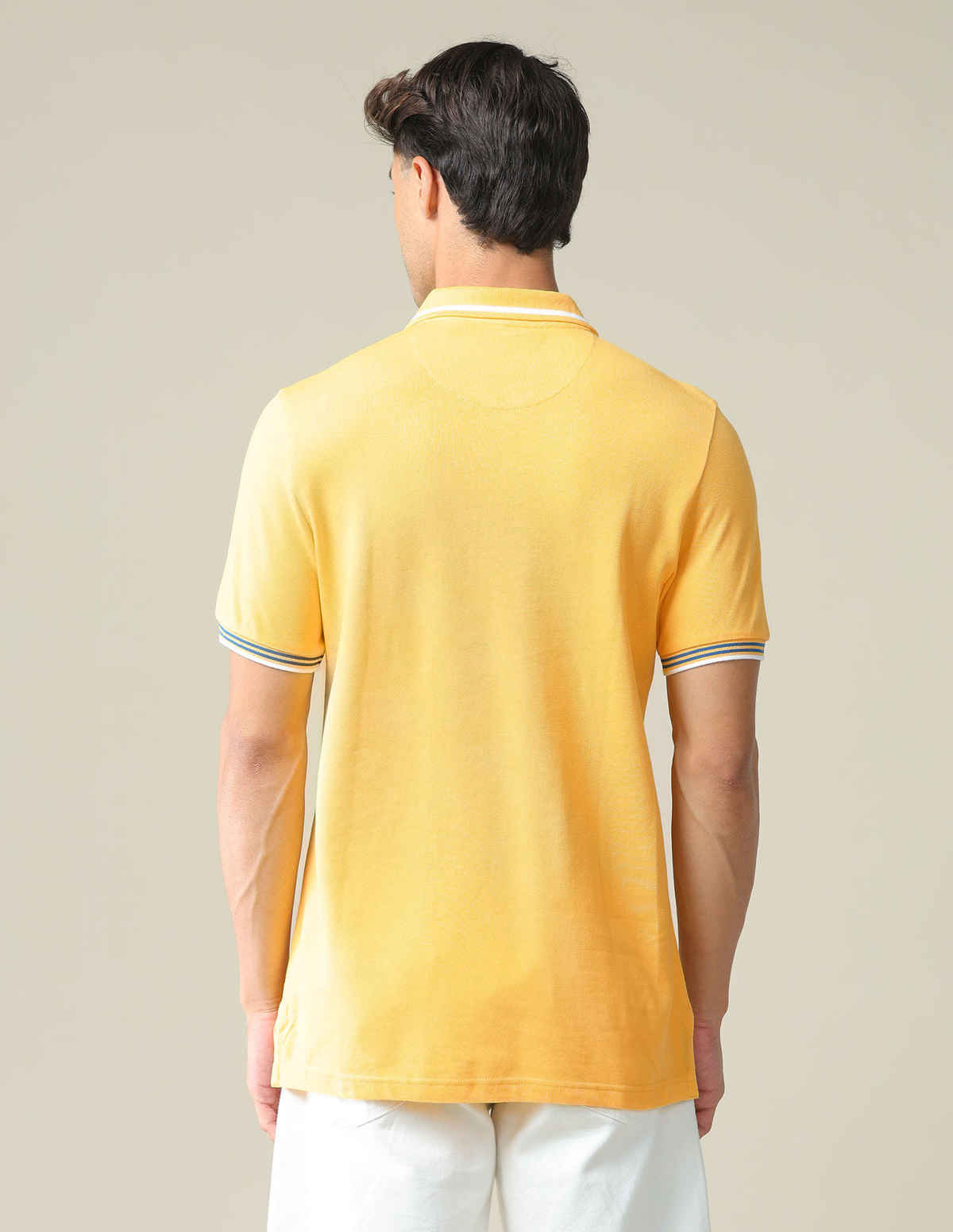 USPA Striped Collar Pique Cotton Polo T Shirt For Men - Mustard - L