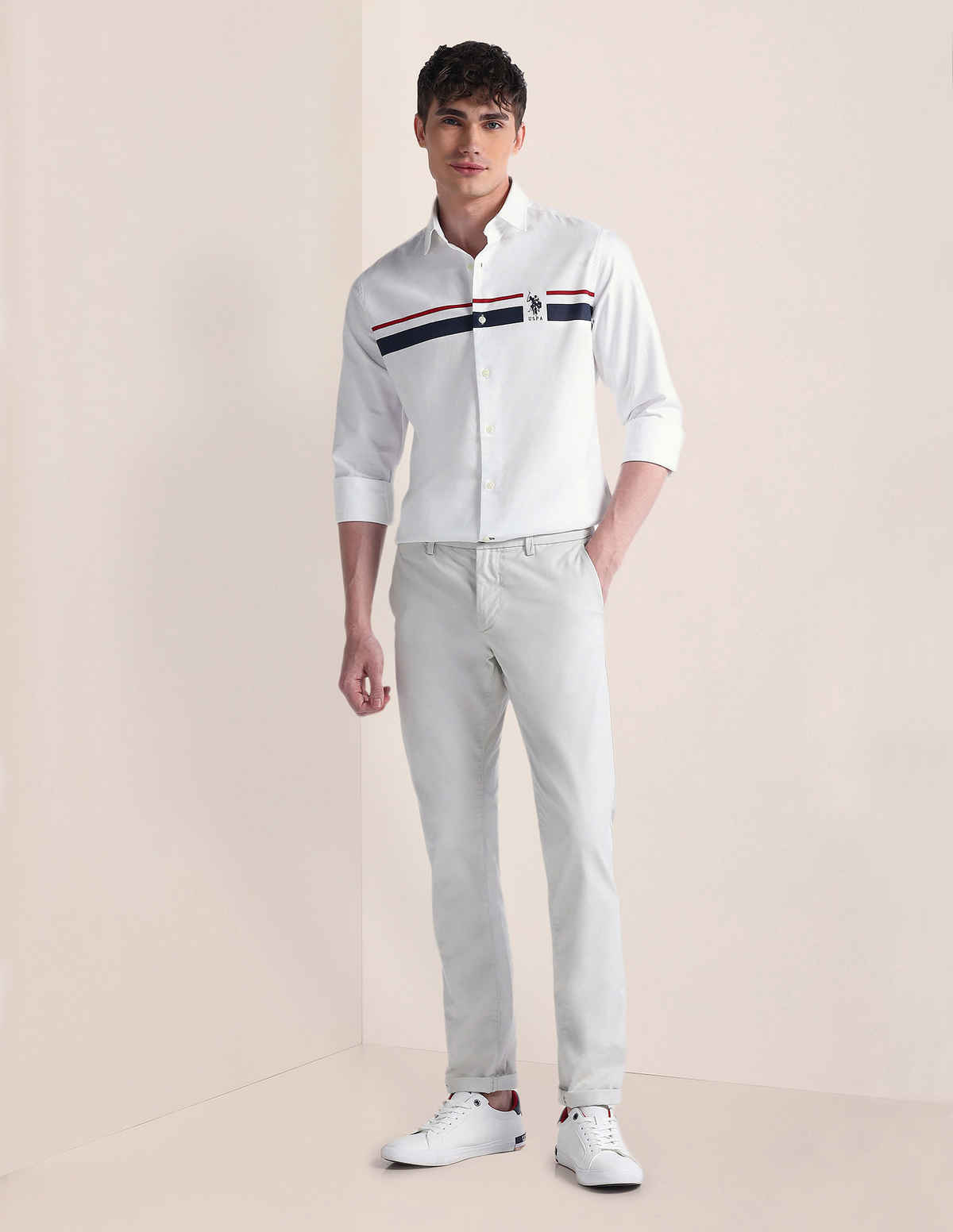 USPA Men's Shirt - Cotton Striped Casual Shirt - Tailored Fit - White - S